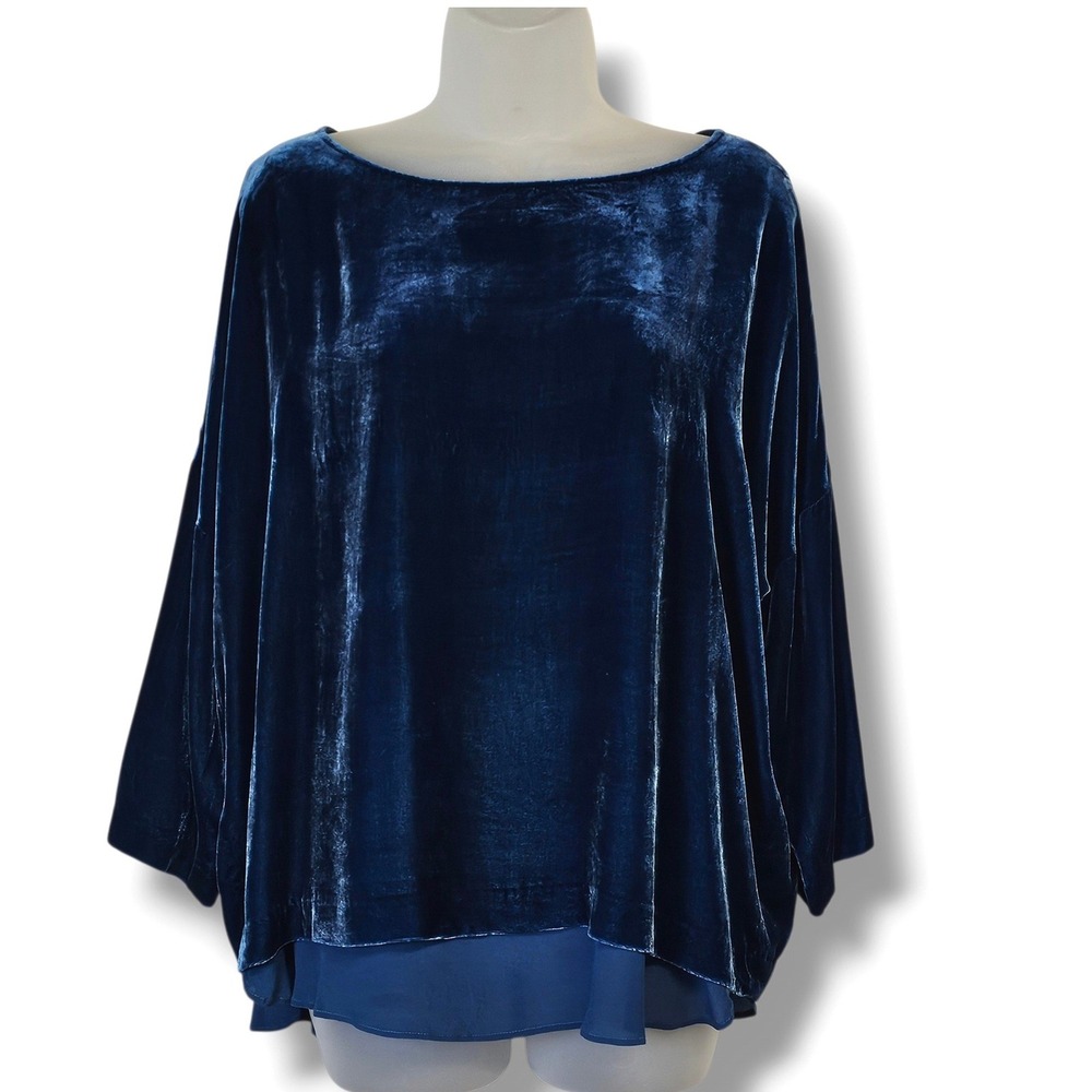 Poetry Velvet Top 12 Women Blue Silk Chiffon Hem Boxy Holiday Elegant Jewel Tone